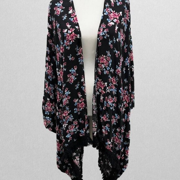 Lane Bryant Black Floral Kimono Overpiece with Tassel Hem - Picture 1 of 3